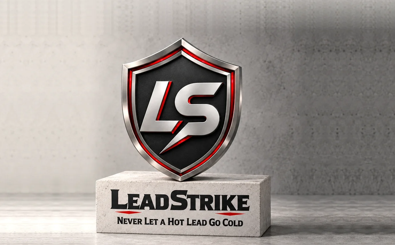 The LeadStrike shield emblem standing on a concrete base engraved with the LeadStrike wordmark and the tagline Never Let a Hot Lead Go Cold.