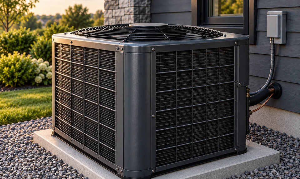 Outdoor air-conditioning condenser unit on a concrete pad beside a home.