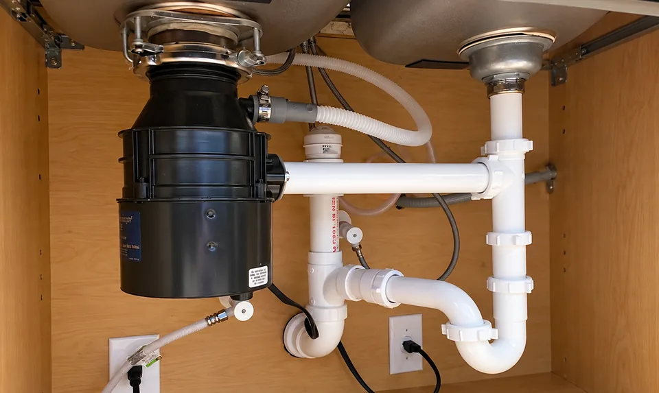 Garbage disposal and white drain pipes under a kitchen sink.