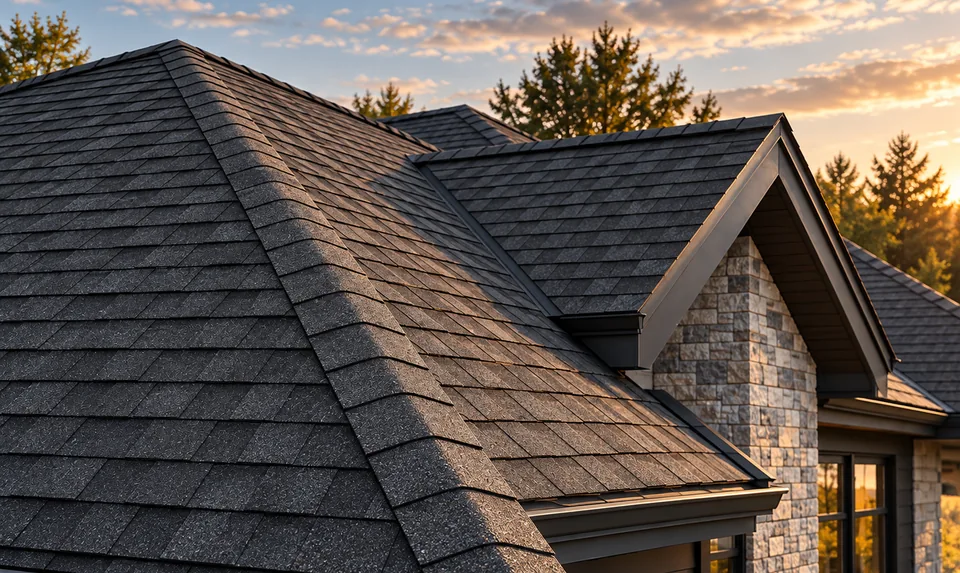 Dark asphalt shingle roof on a stone-accented home at sunset.